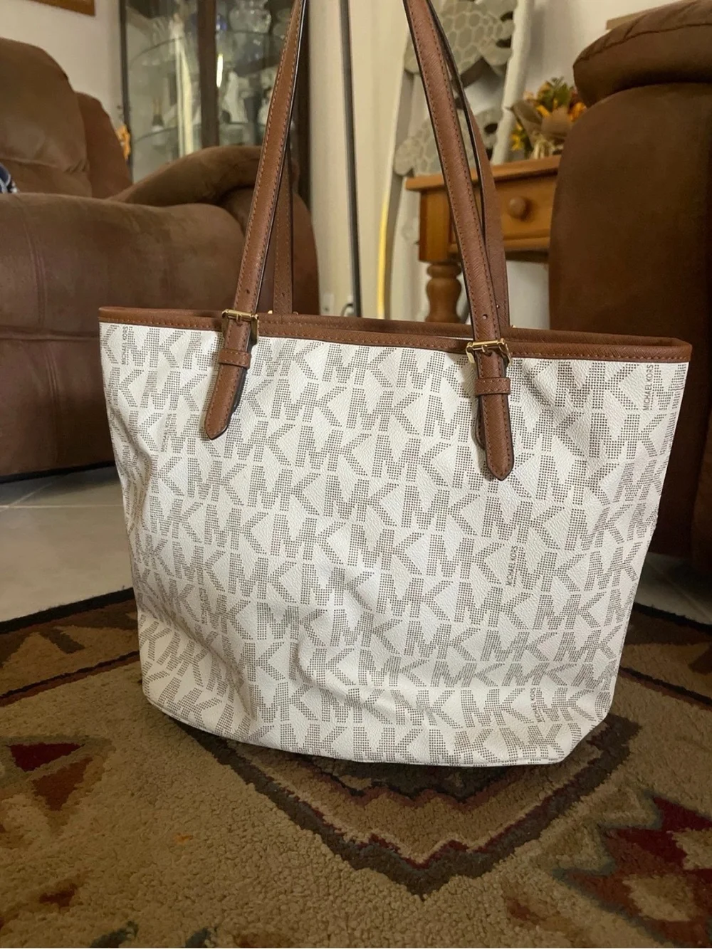Michael Kors White MK Logo Tote with Brown Leather Straps